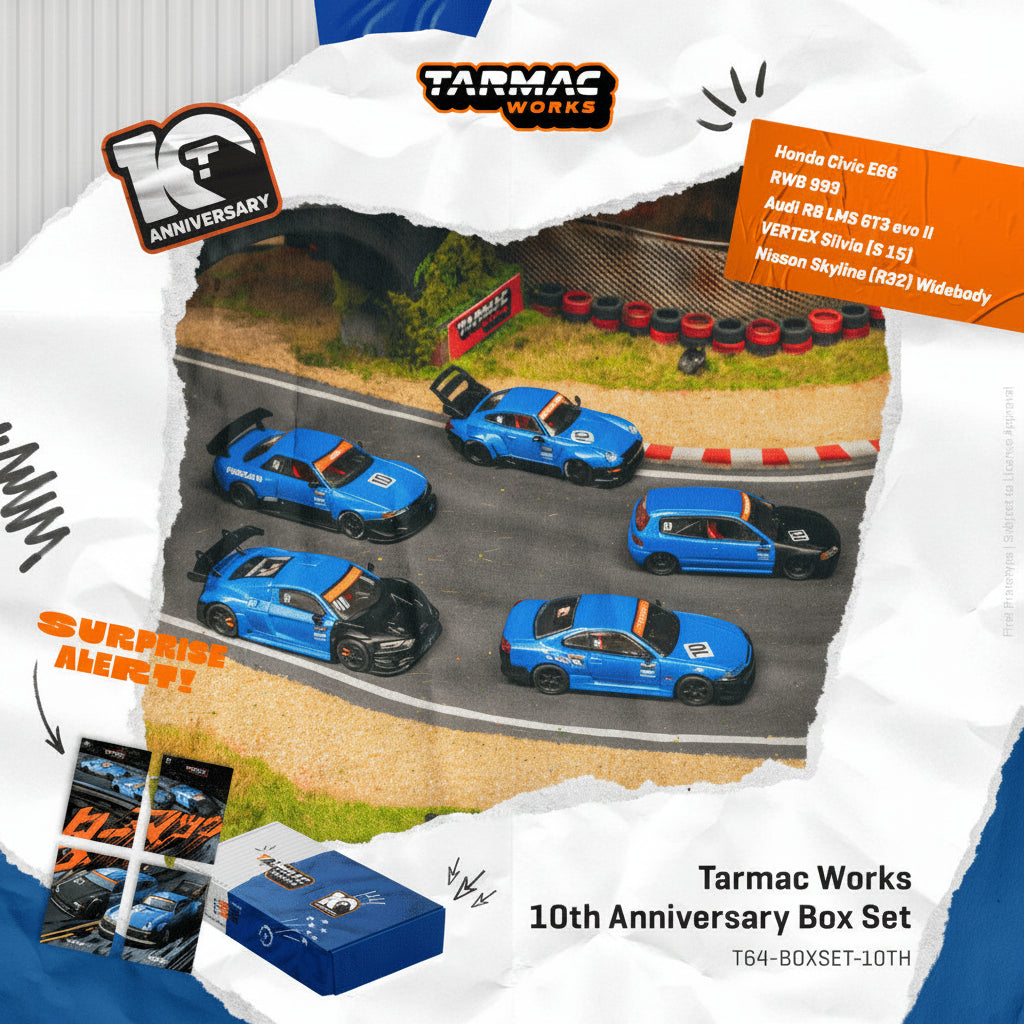 TARMAC 1/64 10 ANIVERSARIO BOXSET HONDA CIVIC EG6-RWB 993-AUDI R8-VERTEX SILVIA S15-NISSAN SKYLINE R32
