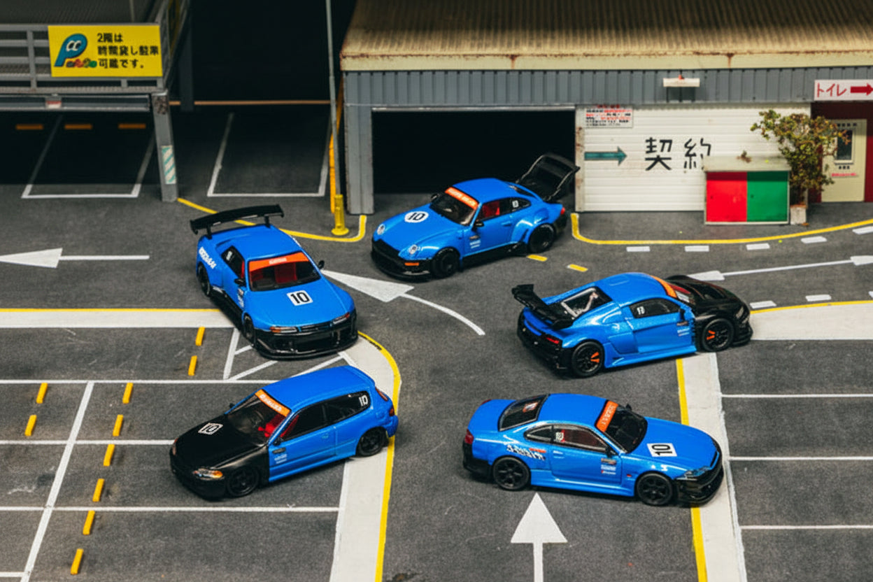 TARMAC 1/64 10 ANIVERSARIO BOXSET HONDA CIVIC EG6-RWB 993-AUDI R8-VERTEX SILVIA S15-NISSAN SKYLINE R32
