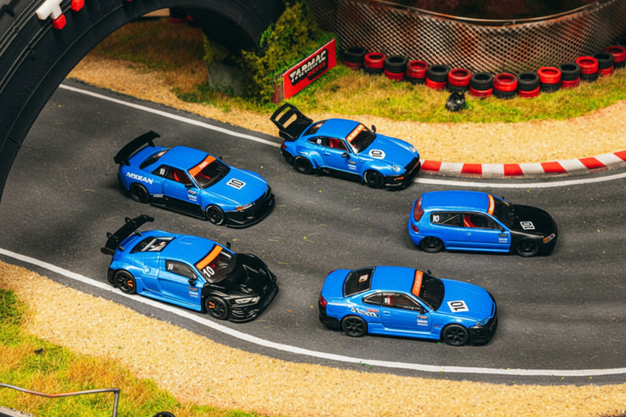 TARMAC 1/64 10 ANIVERSARIO BOXSET HONDA CIVIC EG6-RWB 993-AUDI R8-VERTEX SILVIA S15-NISSAN SKYLINE R32