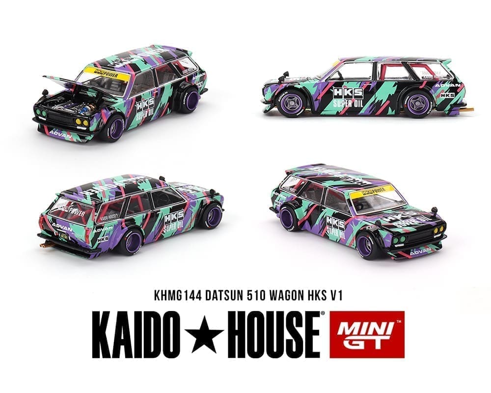 Kaido House x Mini GT 1:64 Datsun KAIDO 510 Wagon HKS V1 – Patrón de salpicaduras de aceite