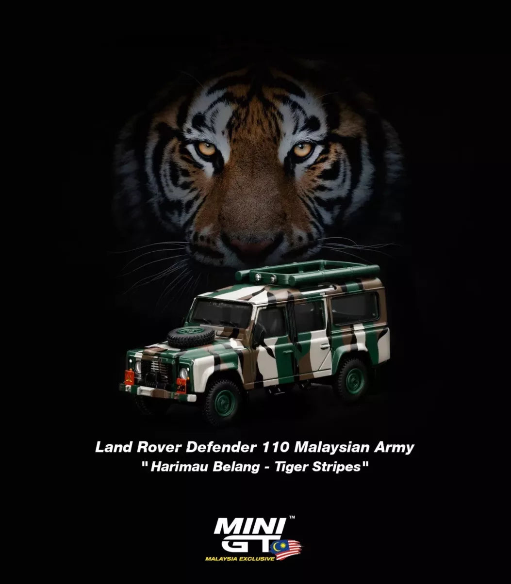 Mini GT 1:64 Land Rover Defender 110 Ejército de Malasia “Harimau Belang” – Exclusivo de Malasia (Presentación en caja)