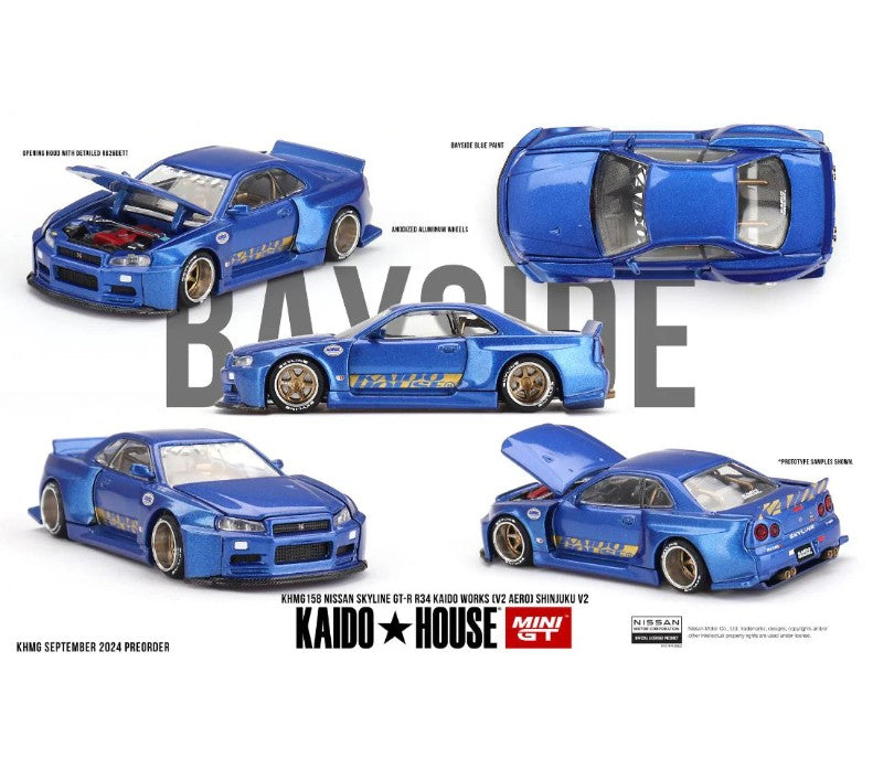 Kaido House x Mini GT 1:64 Nissan Skyline GT-R (R34) Kaido Works SHINJUKU V2 – blue