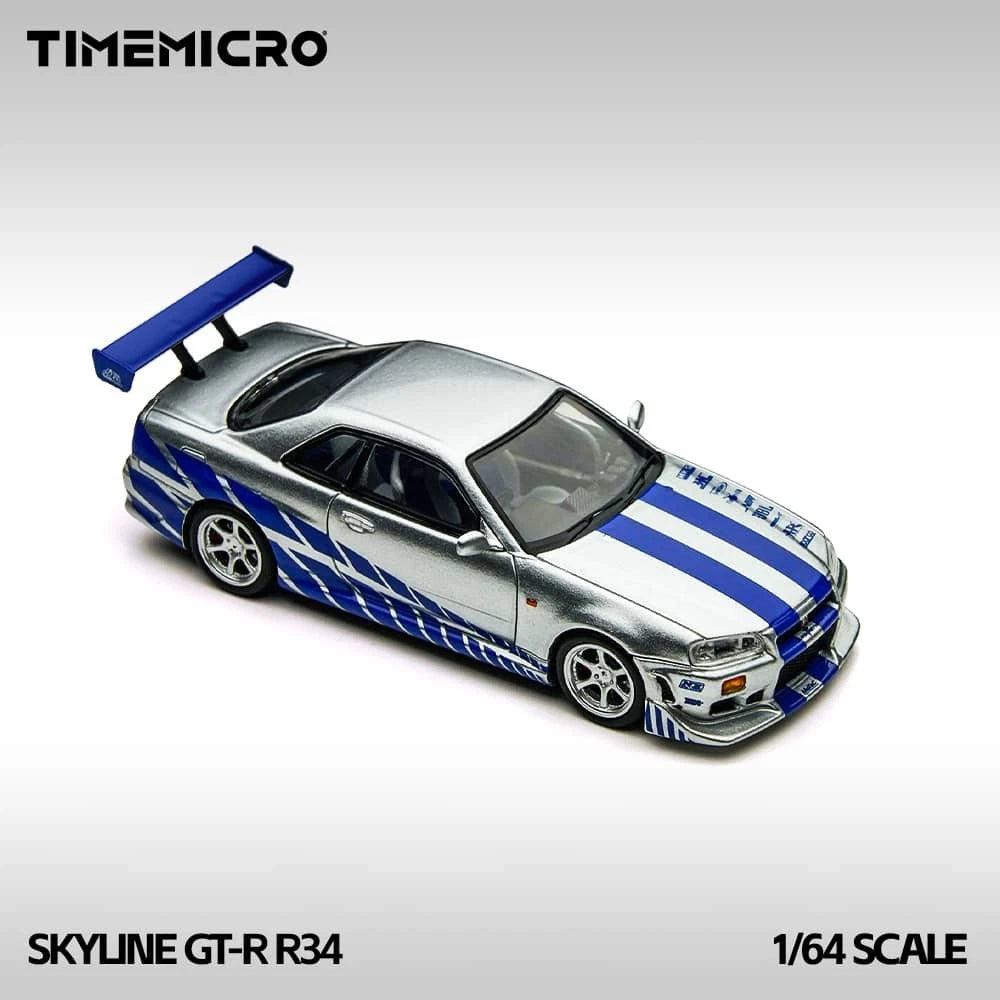 TIME MICRO 1:64 Nissan Skyline GT-R R34 FNF Silver/ Blue TM800502