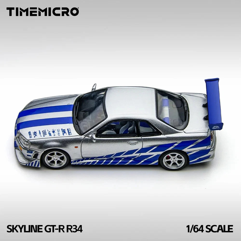 TIMEMICRO 1:64 Nissan Skyline GT-R R34 FNF Silver/ Blue TM800502