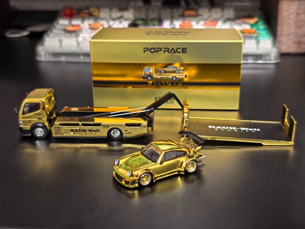 Pop Race XCartoys HEC Beijing 1/64 RWB 930 Gold Set Ltd 300 Transportador de camiones