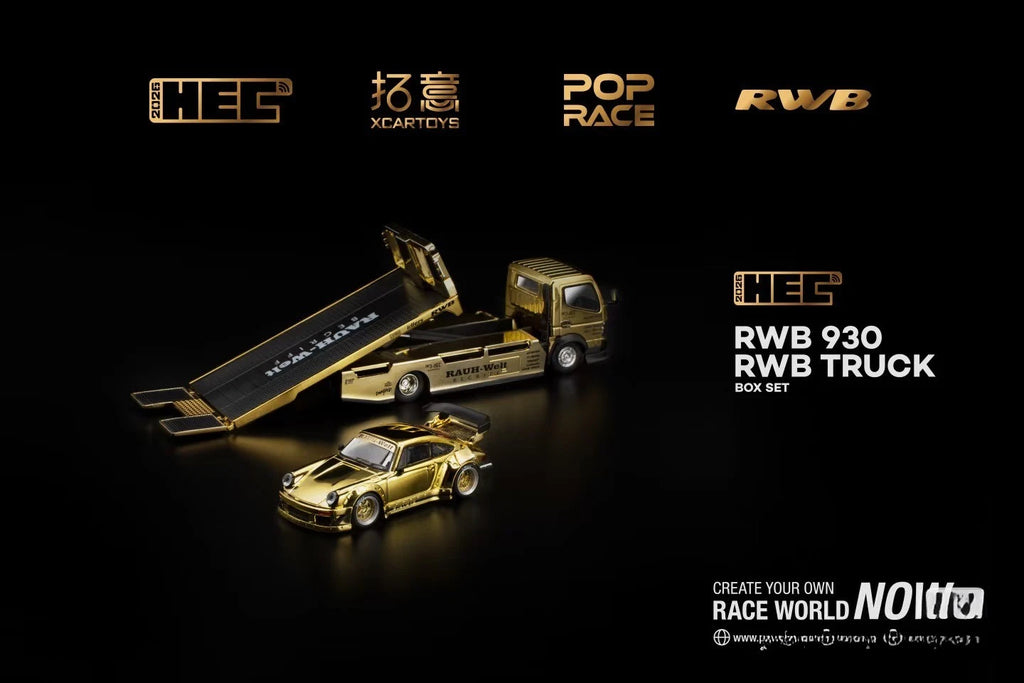 Pop Race XCartoys HEC Beijing 1/64 RWB 930 Gold Set Ltd 300 Transportador de camiones