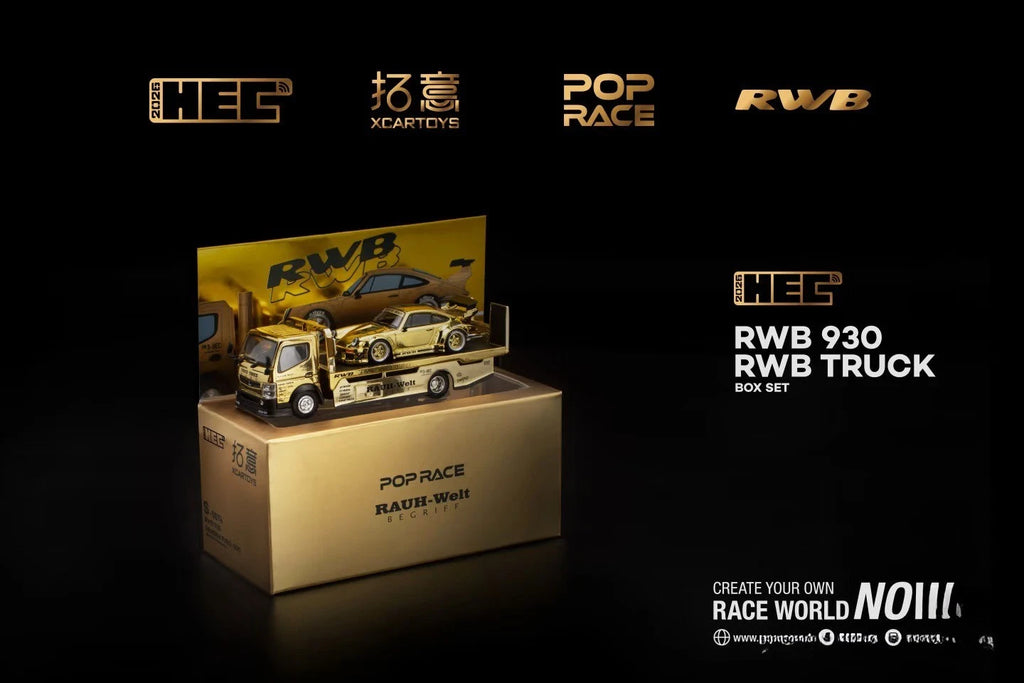 Pop Race XCartoys HEC Beijing 1/64 RWB 930 Gold Set Ltd 300 Transportador de camiones