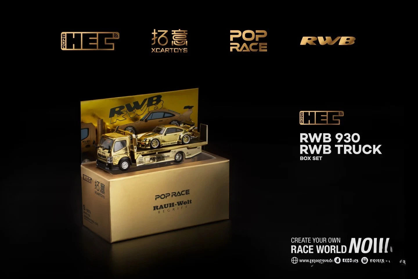 Pop Race XCartoys HEC Beijing 1/64 RWB 930 Gold Set Ltd 300 Transportador de camiones