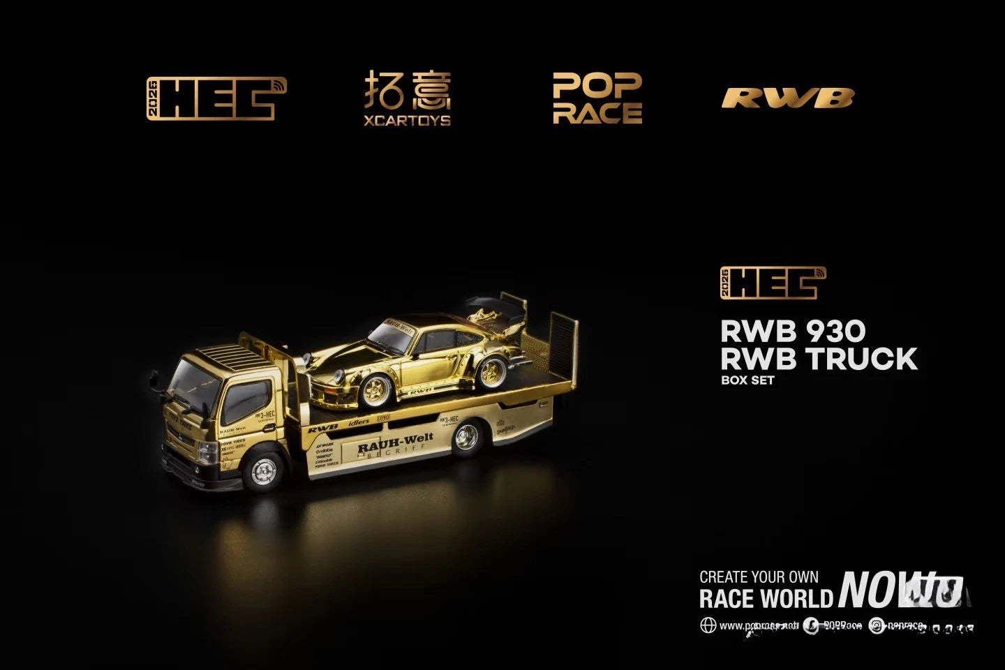 Pop Race XCartoys HEC Beijing 1/64 RWB 930 Gold Set Ltd 300 Transportador de camiones