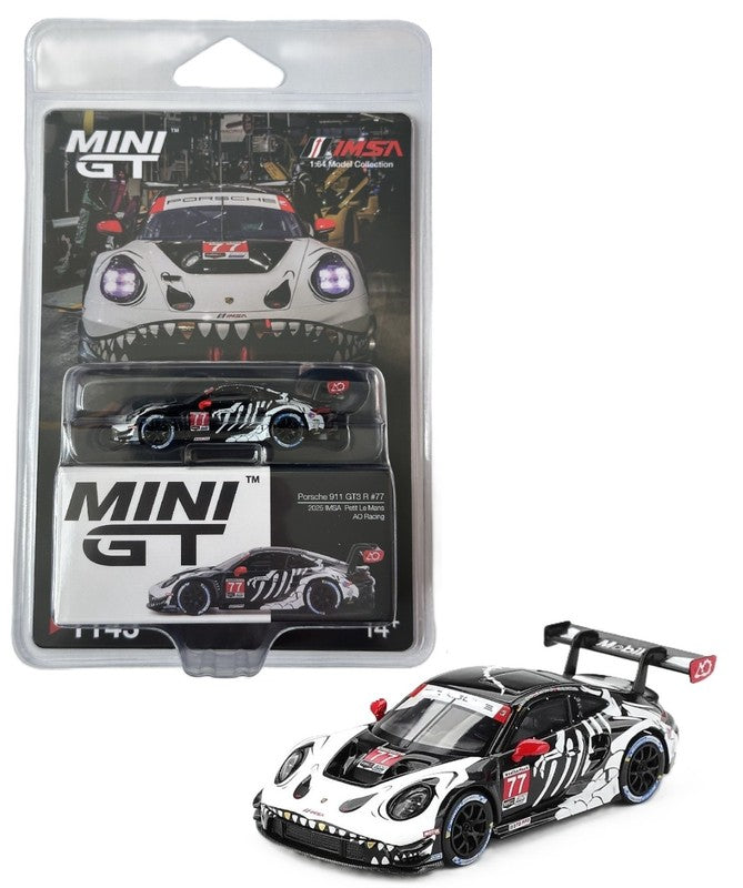 Mini GT 1:64 #1143 Porsche 911 GT3 R #77 AO Racing 2025 IMSA Petit Le Mans Rexy